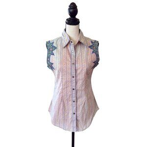 Martini Ranch Western Pearl Snap Blouse With Faux Vintage Wear Shading NEW